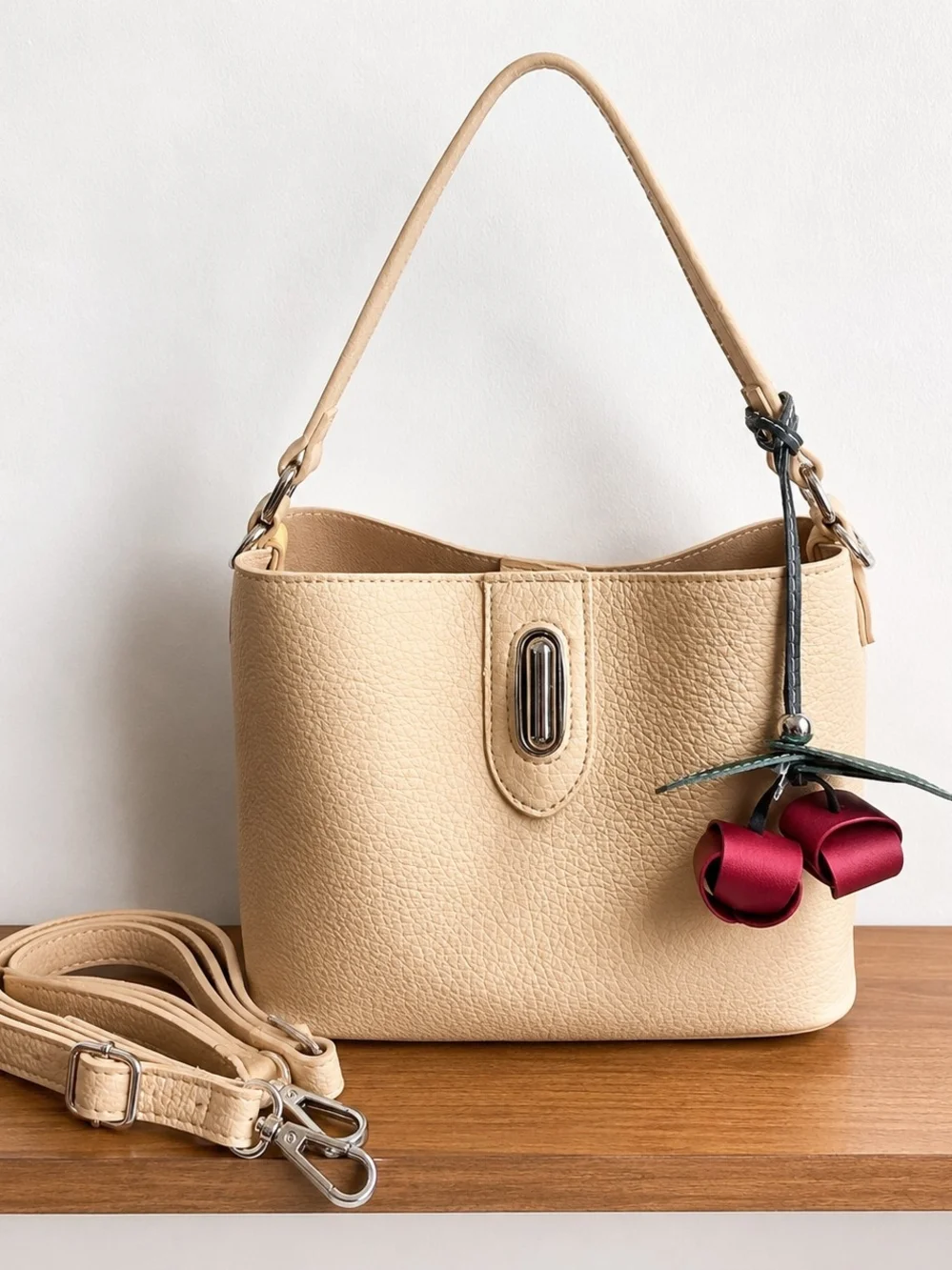 Beige Leatherette Shoulder Bag with Flower Charm